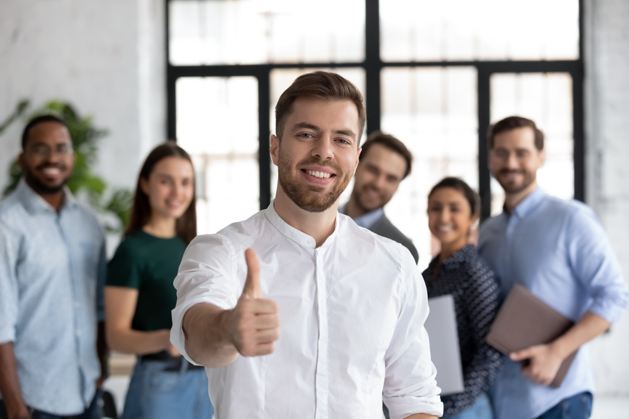 Happy employee satisfied with career and good job